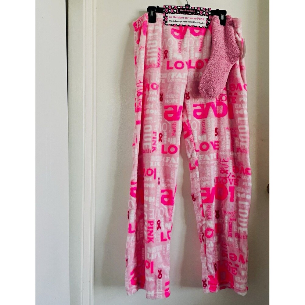 Women’s Weekending Pink/White Fleece Awareness Heart Lounge Pants XL 1PF1757